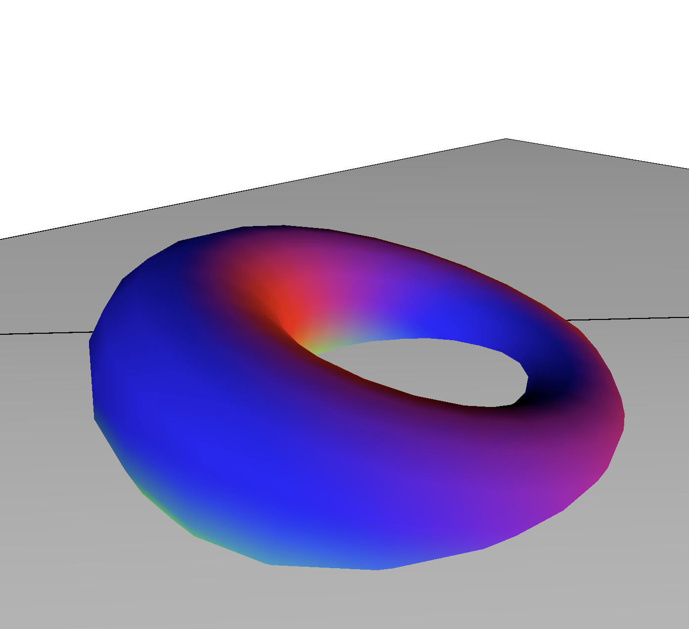 Camera moves around plane and torus with each arrow key pressed. The torus expands and retracks.